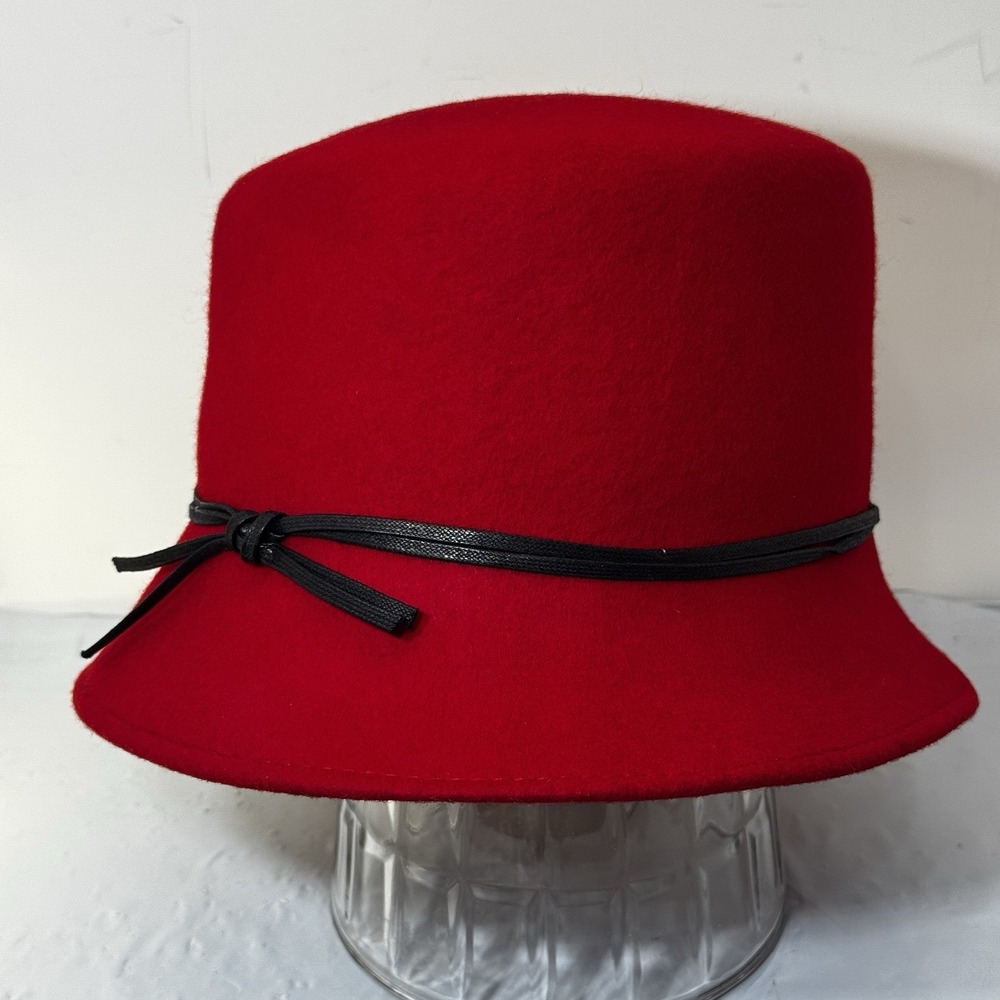 100% Laine Wool Felt Vintage Cloche Cap Bucket Hat Red